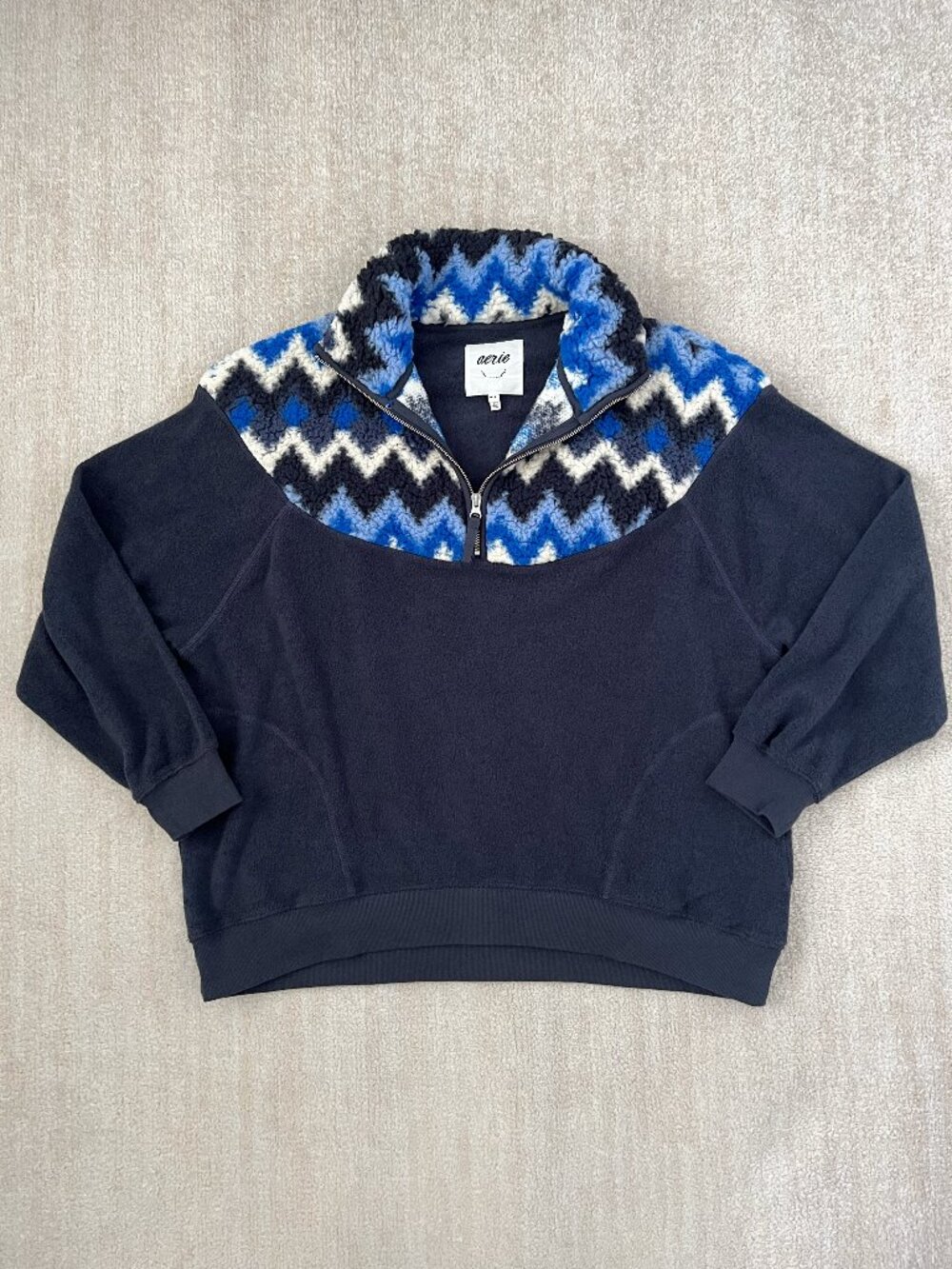 Aerie Hometown Holiday Quarter Zip Fleece Sherpa Pullover Blue Chevron M